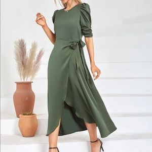 Tie Side Puff Sleeve Wrap A-line Dress
